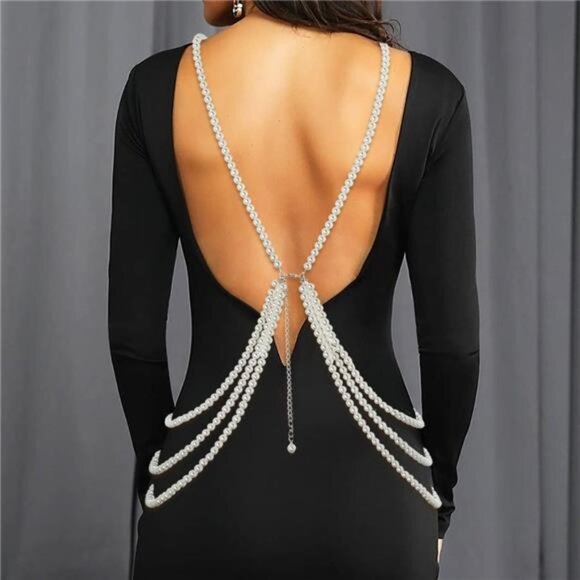 Pearl Body Chain White Layered Pearls Crystal Cross Body Jewelry for main image 2